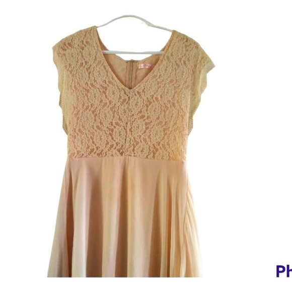 Cute Y2K Midi/ Mini Dress Lace & Chiffon Champagne Peach A-line Dress Barbiecore - Picture 6 of 16